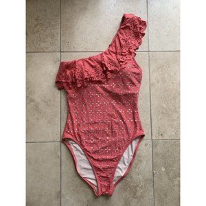 J Crew Womens Coral Swimsuit Ruffled One Shoulder One Piece Bathing Suit 10 M L